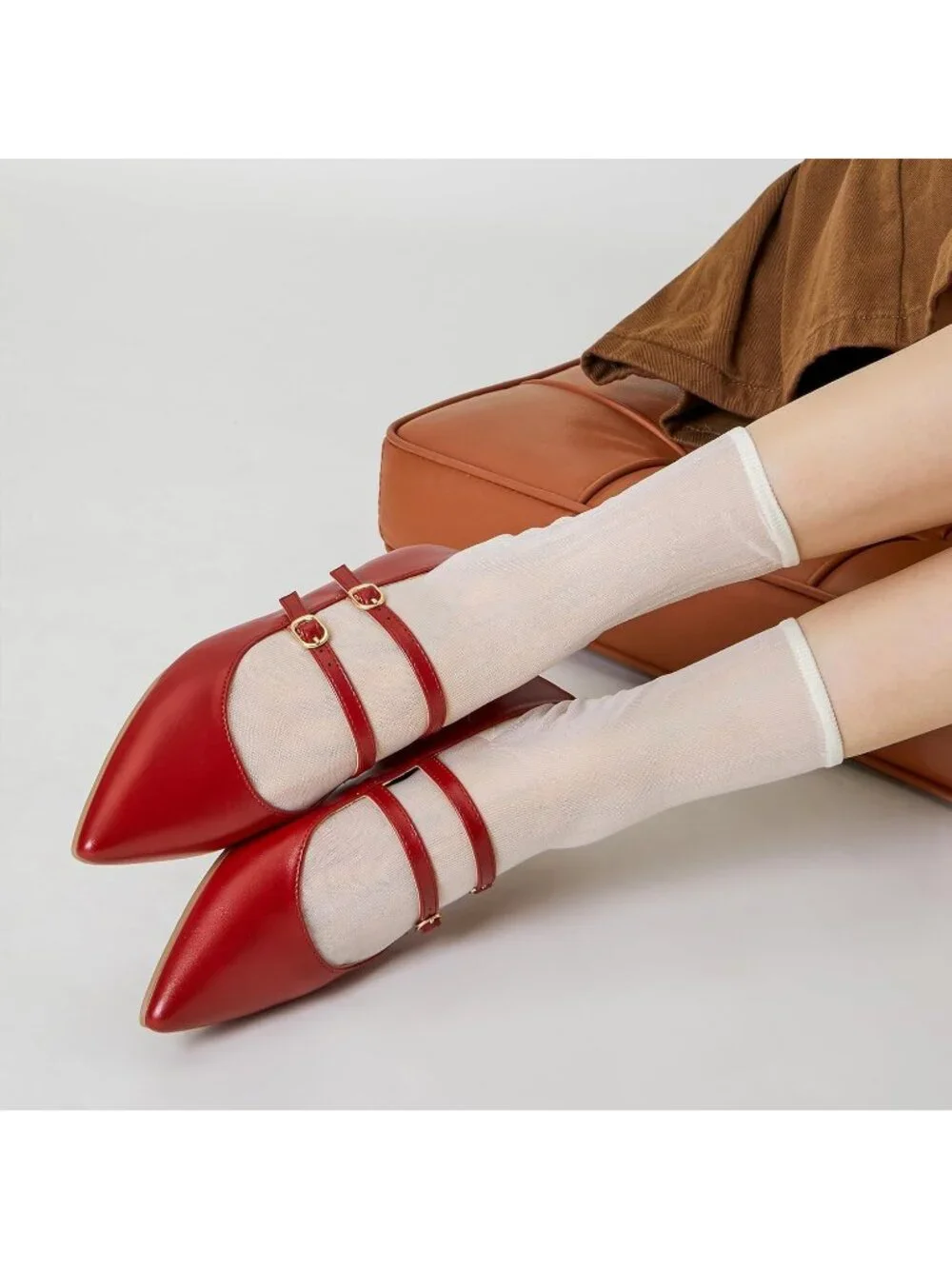 Women's Red Mary Jane Shoes Women Closed Pointed Toe Ballet Flats Comfortable